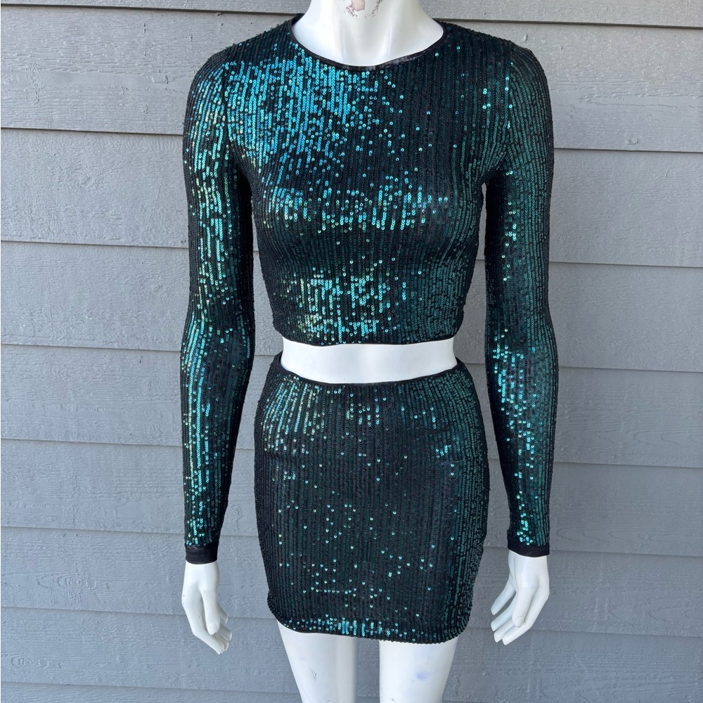 Hera Collection Black and Teal Sequin Skirt Set